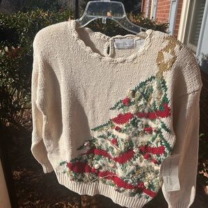 Festive Cream Knit Sweater with Holiday Tree Design
